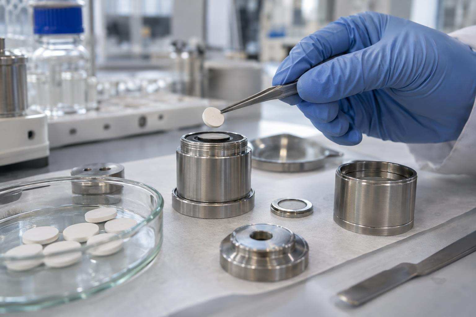 A gloved researcher handles a ceramic electrolyte pellet beside battery test-cell parts.