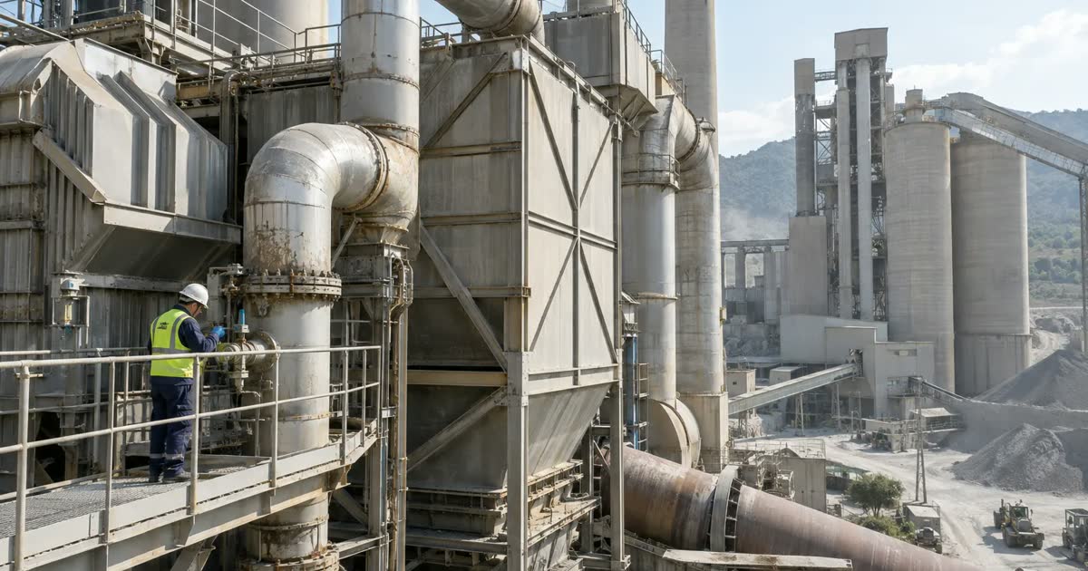 Engineer inspecting heat recovery pipes and heat exchangers at a cement factory.