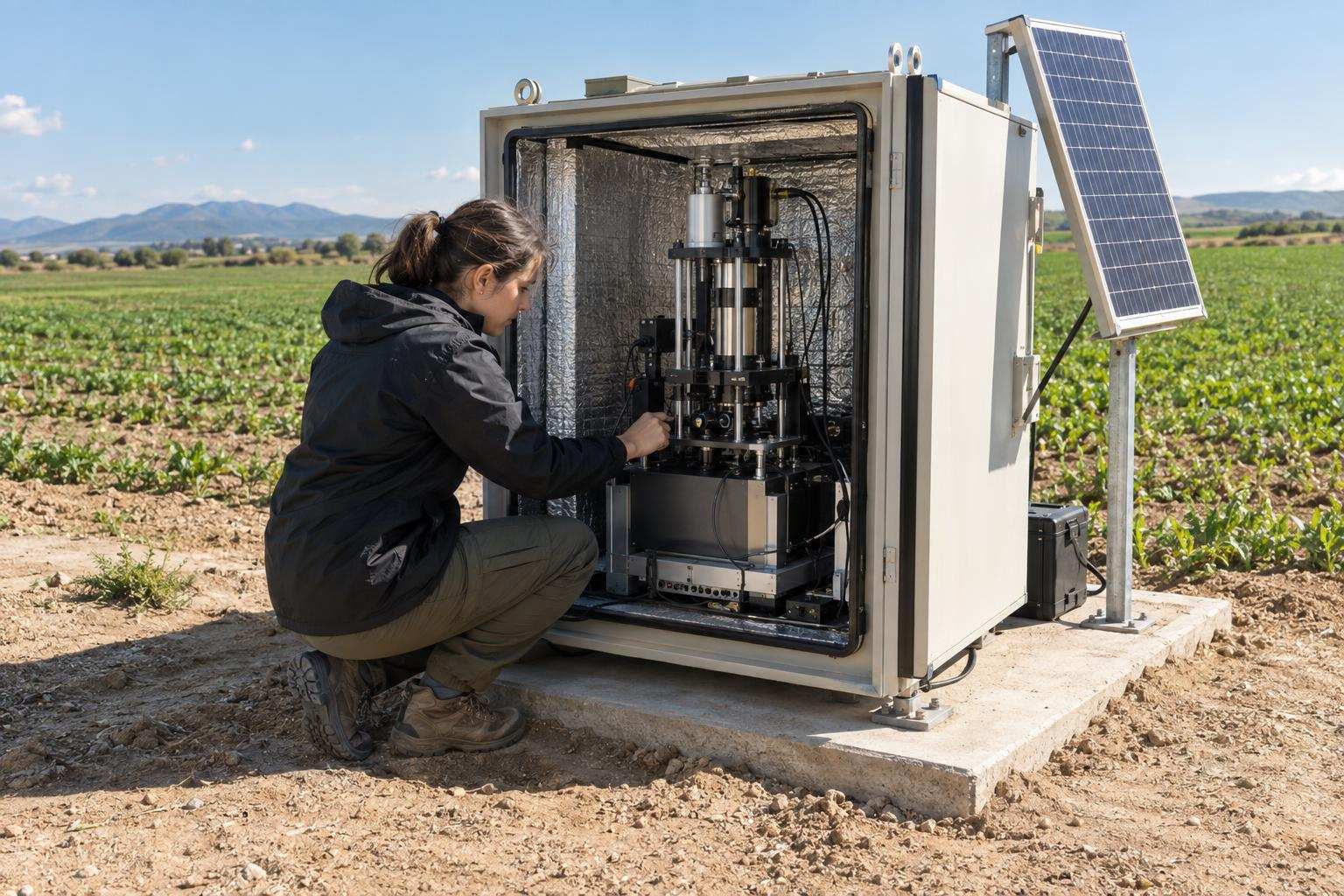 Researcher checks a solar-powered gravity sensor in an insulated cabinet beside a farm field.