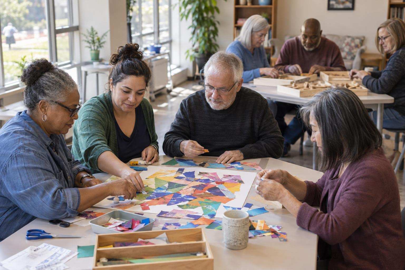 Adults at two community-center tables, making a collage together and sorting wooden pieces into trays.