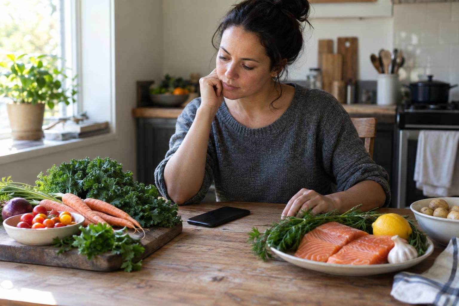 An adult considers dinner ingredients at a kitchen table with a smartphone lying face down nearby.