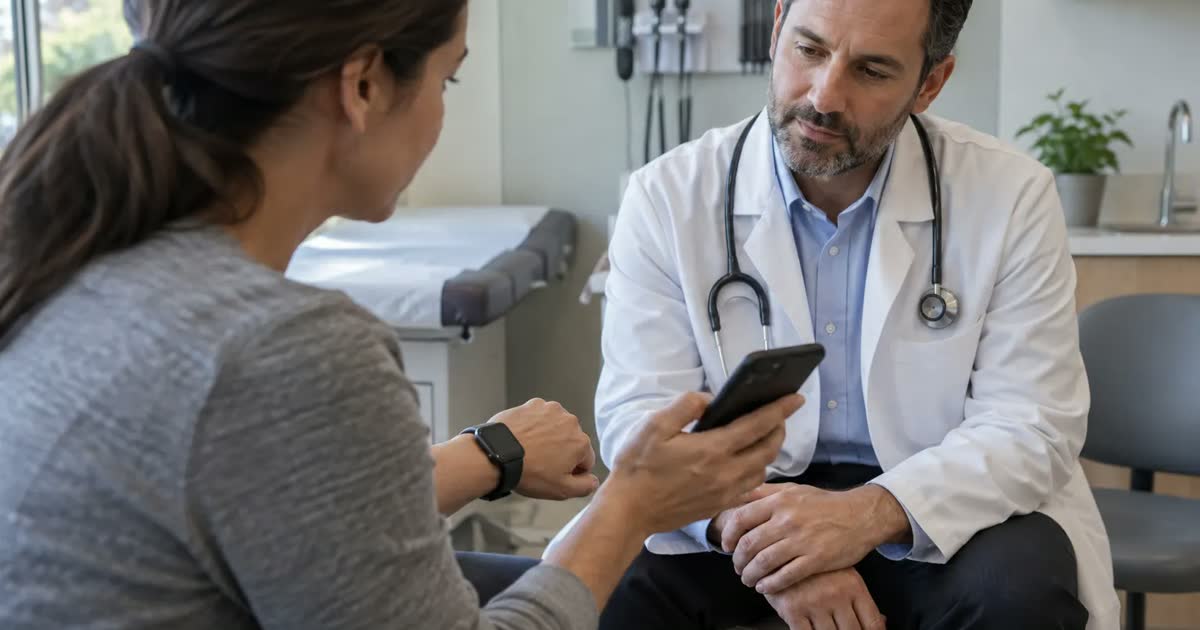 A patient wearing a smartwatch holds a phone toward a doctor during a clinic visit.