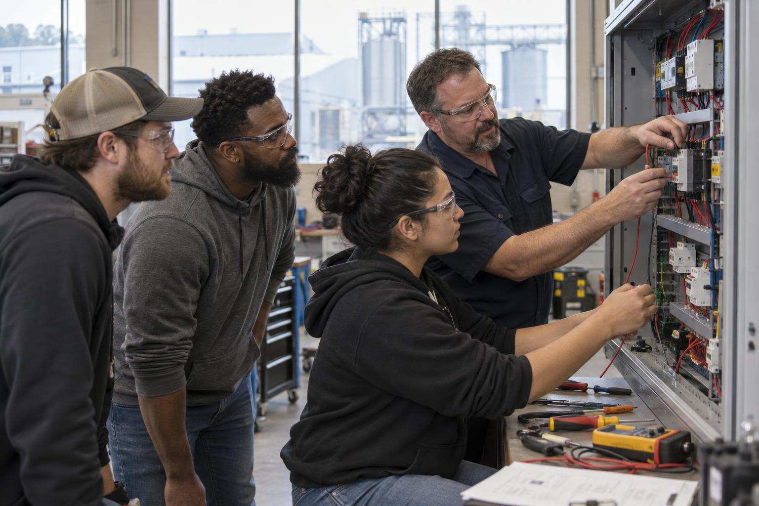 Adult workers practice electrical wiring with an instructor in a community college workshop.