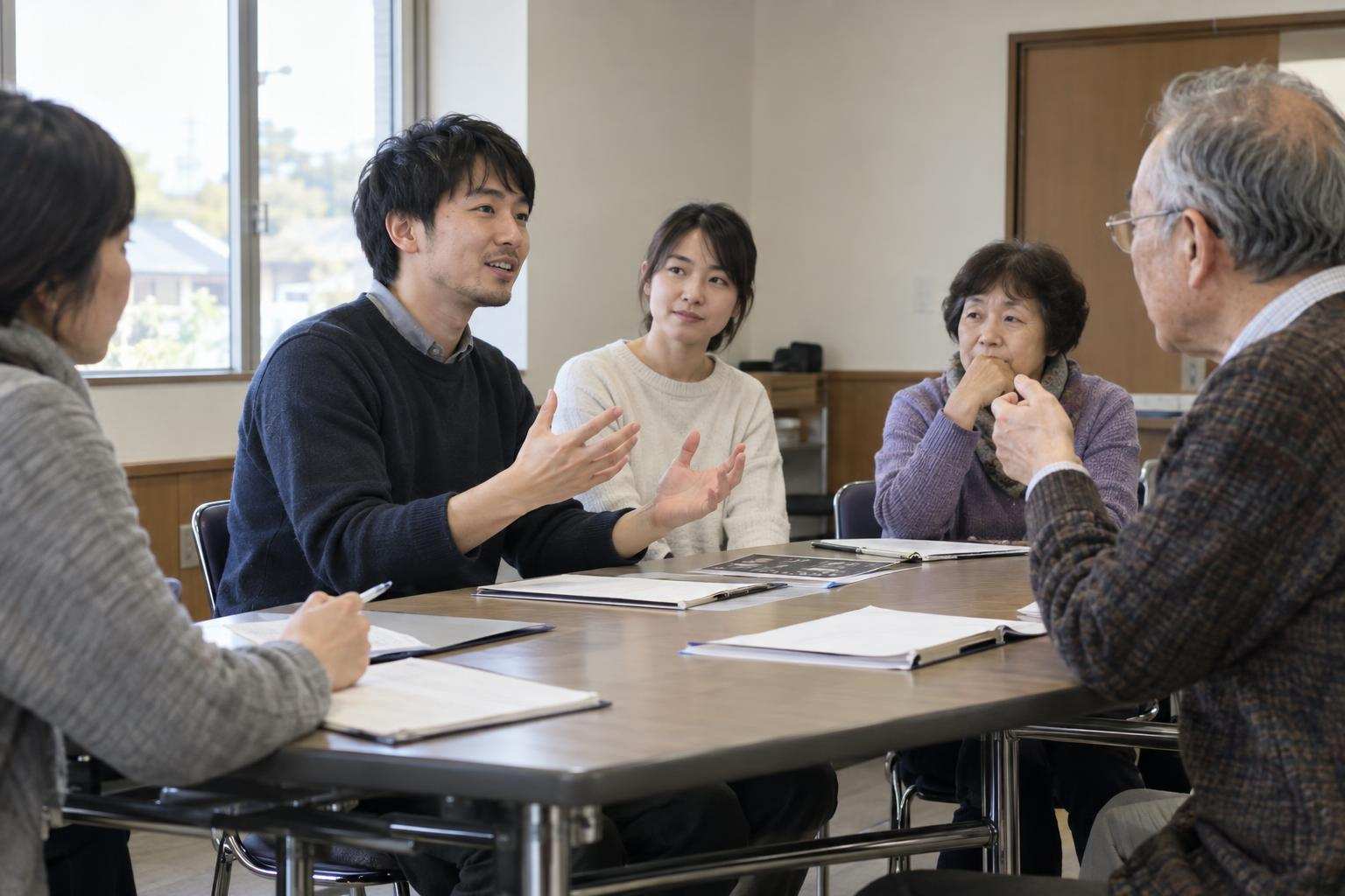 地域の集会室で、研究者の説明を聞きながら質問する住民たち。