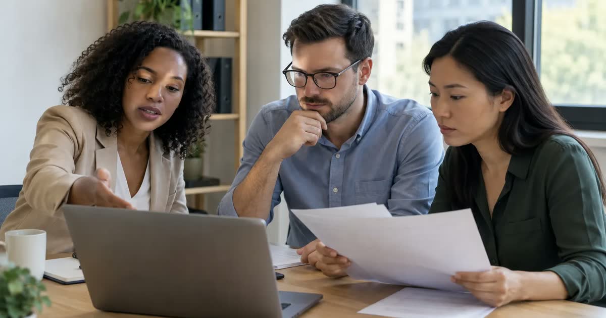 A trainer helps two employees check a report using a laptop and supporting paperwork.