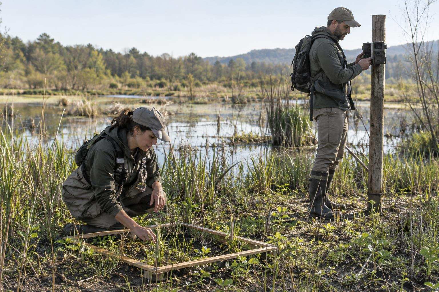 Field ecologists survey plants and check a wildlife camera at a restored wetland.