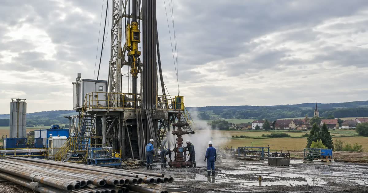 Workers inspect a geothermal well beside a drilling rig surrounded by flat farmland.