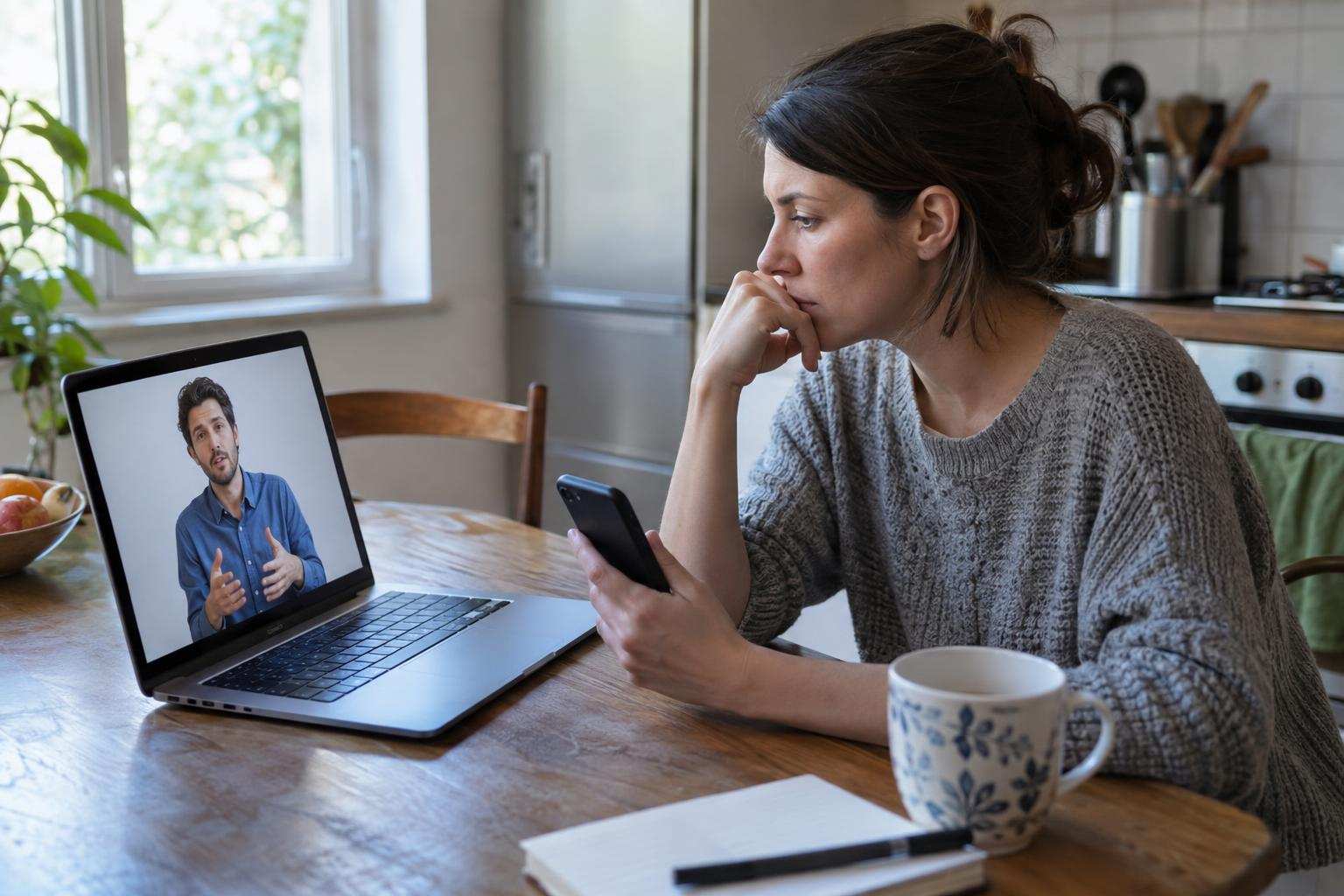 An adult watches a video lesson on a laptop while holding a phone at a kitchen table.