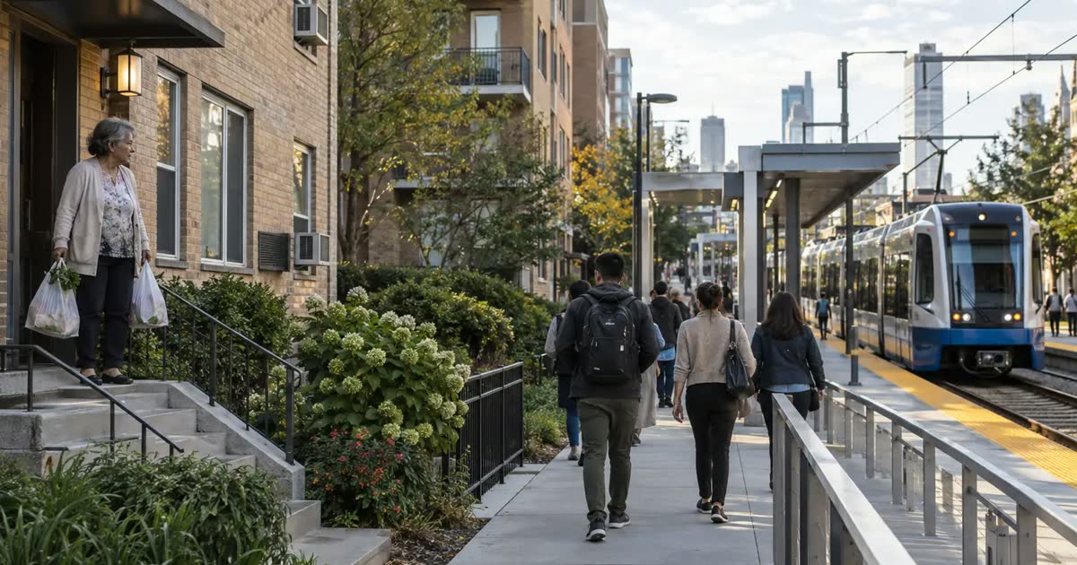 A renter carrying groceries outside older apartments beside a new light-rail stop.