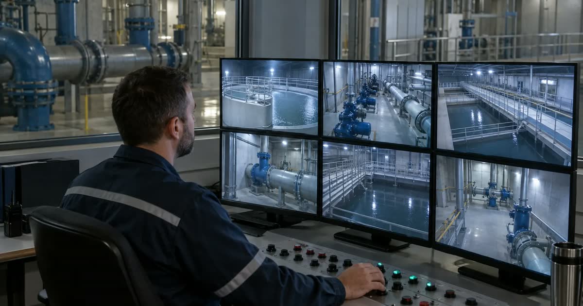 Water treatment plant operator watching camera feeds with one hand on a control panel.