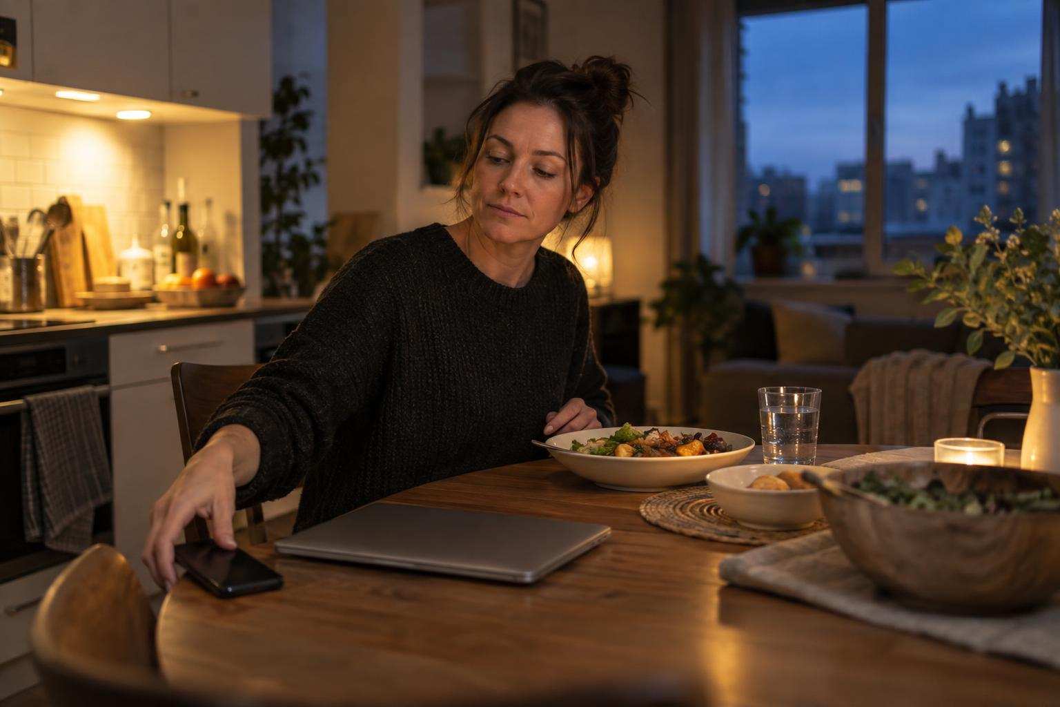 夜の自宅で、閉じたノートパソコンの横にスマートフォンを伏せ、夕食に向き直る働く人。