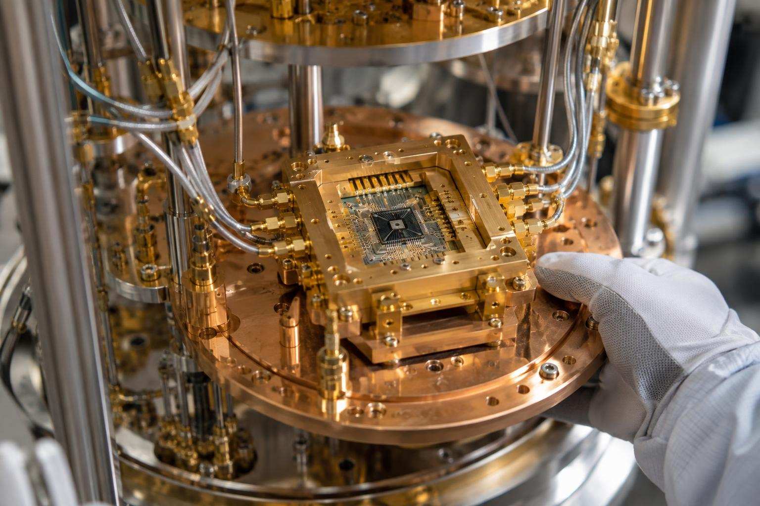 A technician steadies a quantum chip’s copper housing among cooling plates and delicate cables.