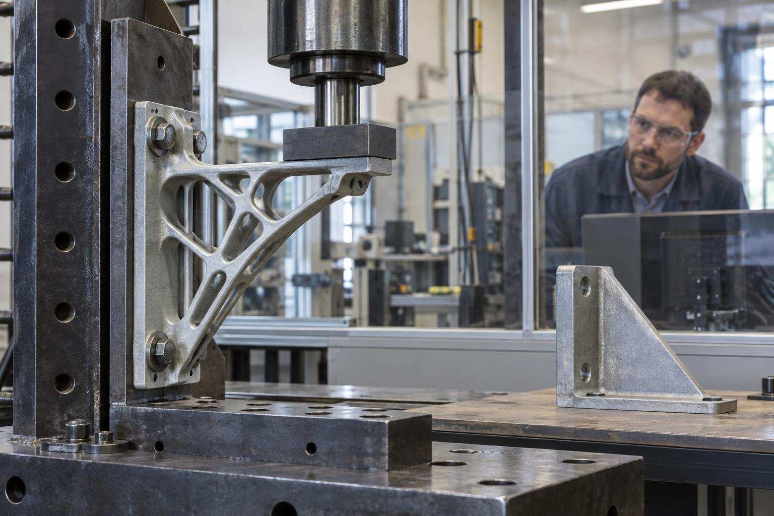 A metal support with branching ribs in a load-testing rig, beside a solid conventional bracket.