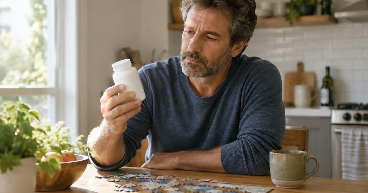 An adult examines a supplement bottle beside an unfinished wooden puzzle at a kitchen table.