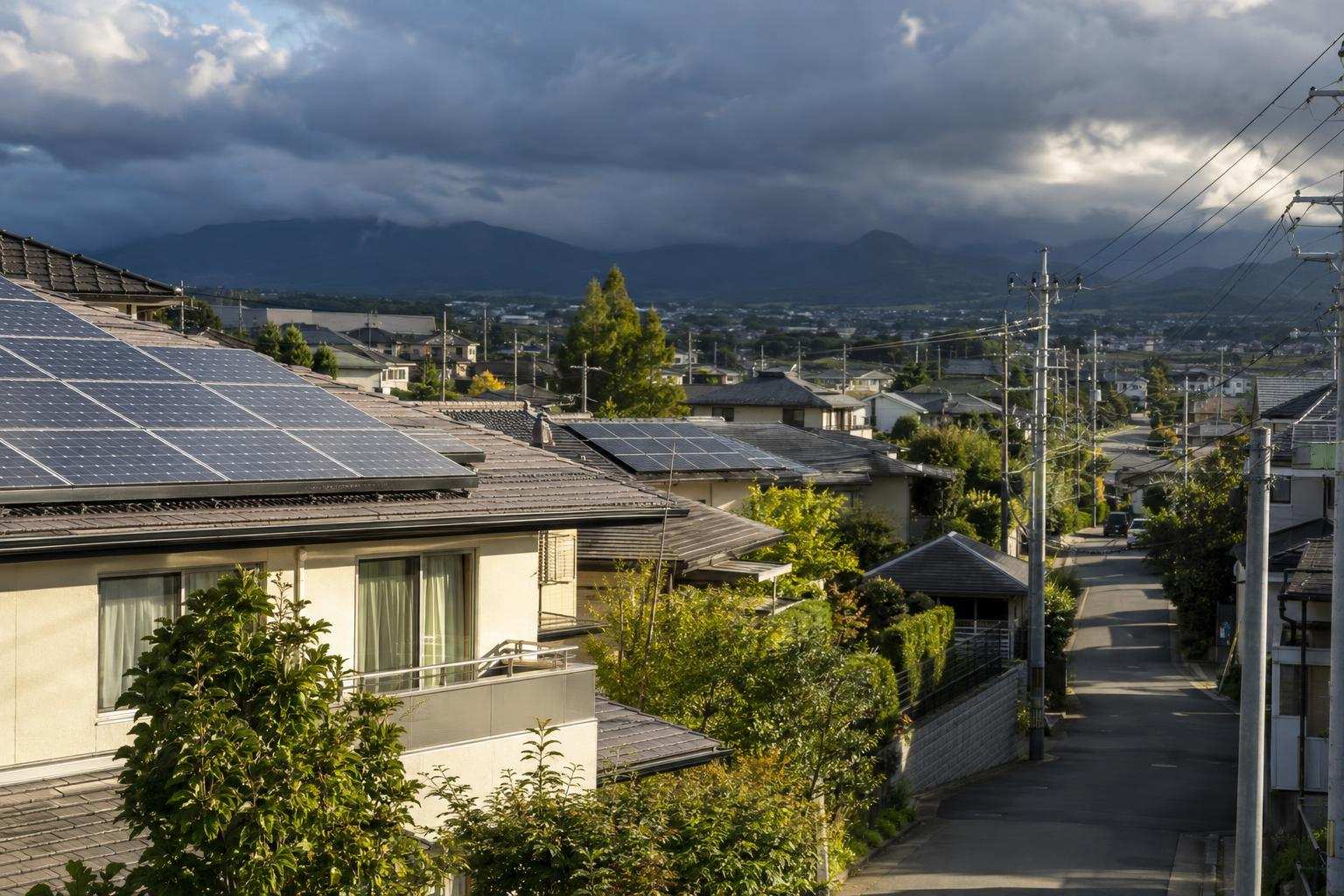 Solar panels on neighborhood rooftops beneath approaching clouds, with power lines connecting the homes.