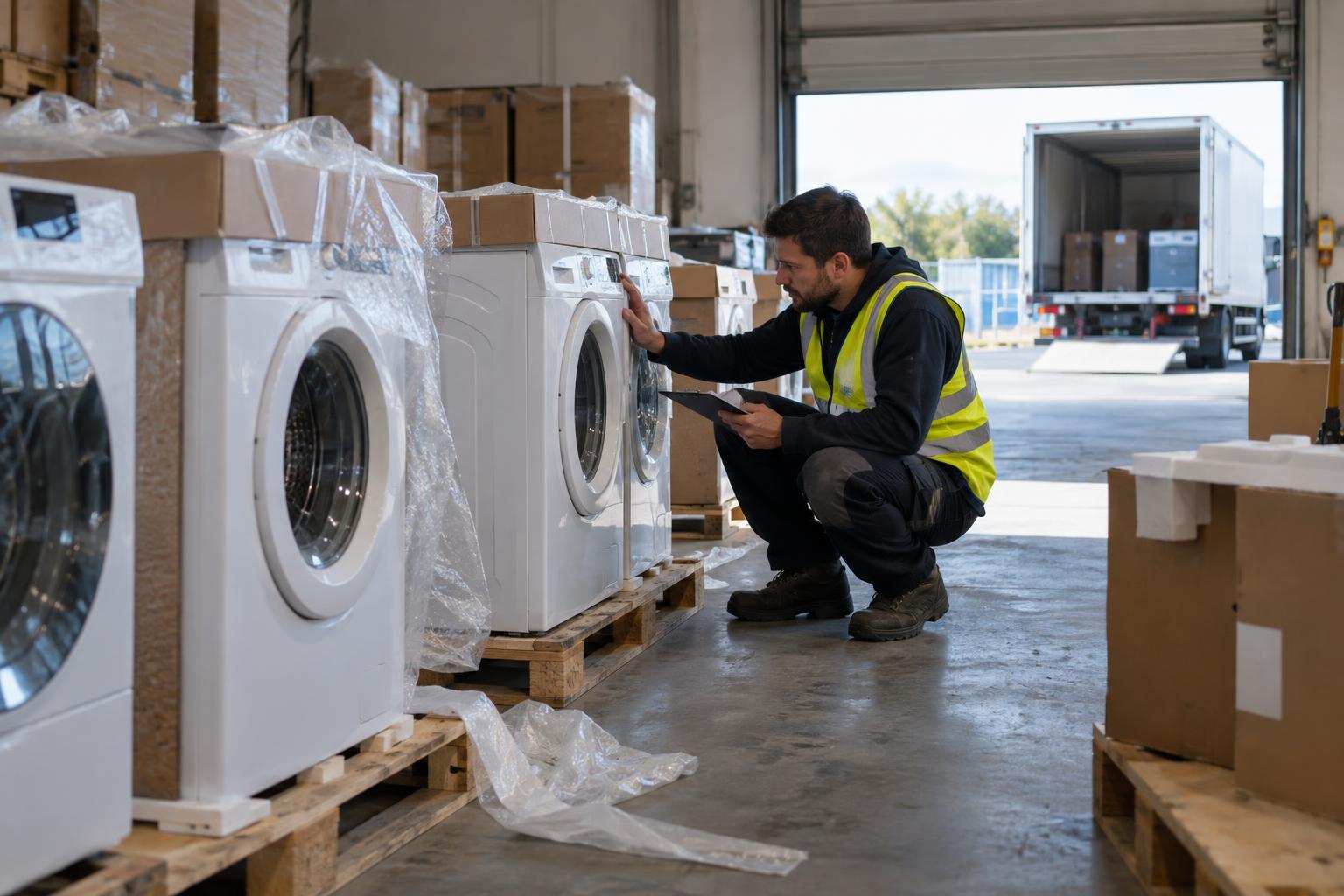 A worker inspects washing machines on pallets near a warehouse loading bay.
