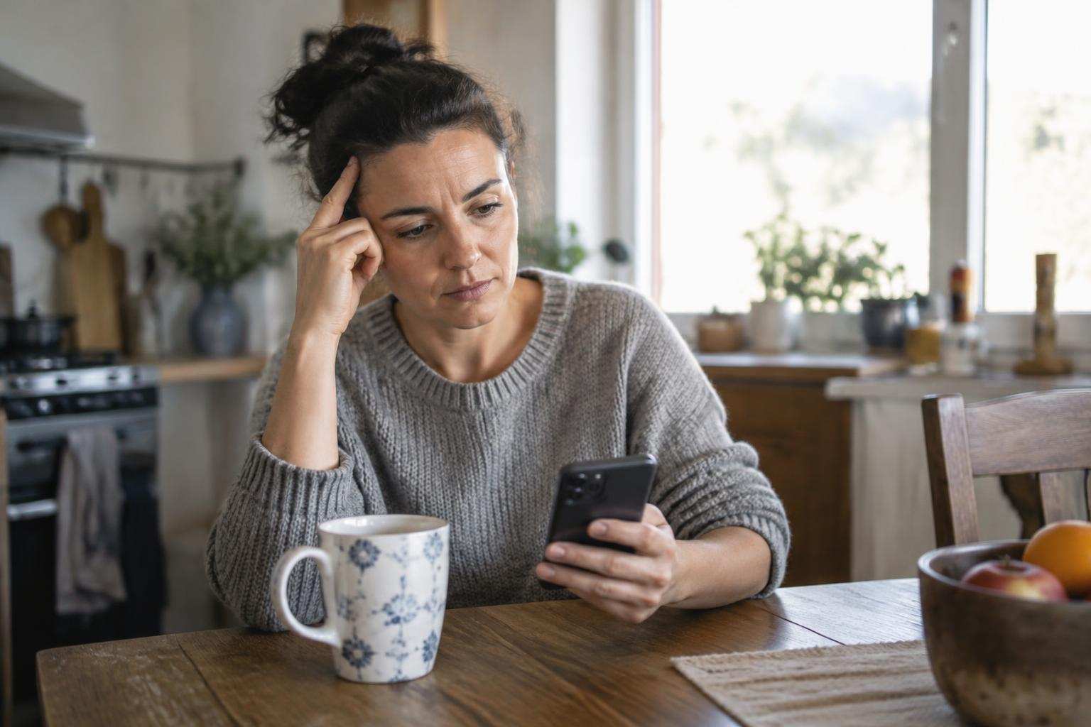 An adult at a kitchen table holds a phone while resting one hand against their temple.