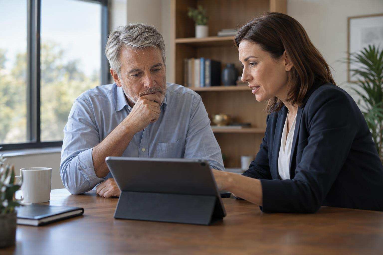 A client looks between a tablet and a human adviser in a financial advice office.