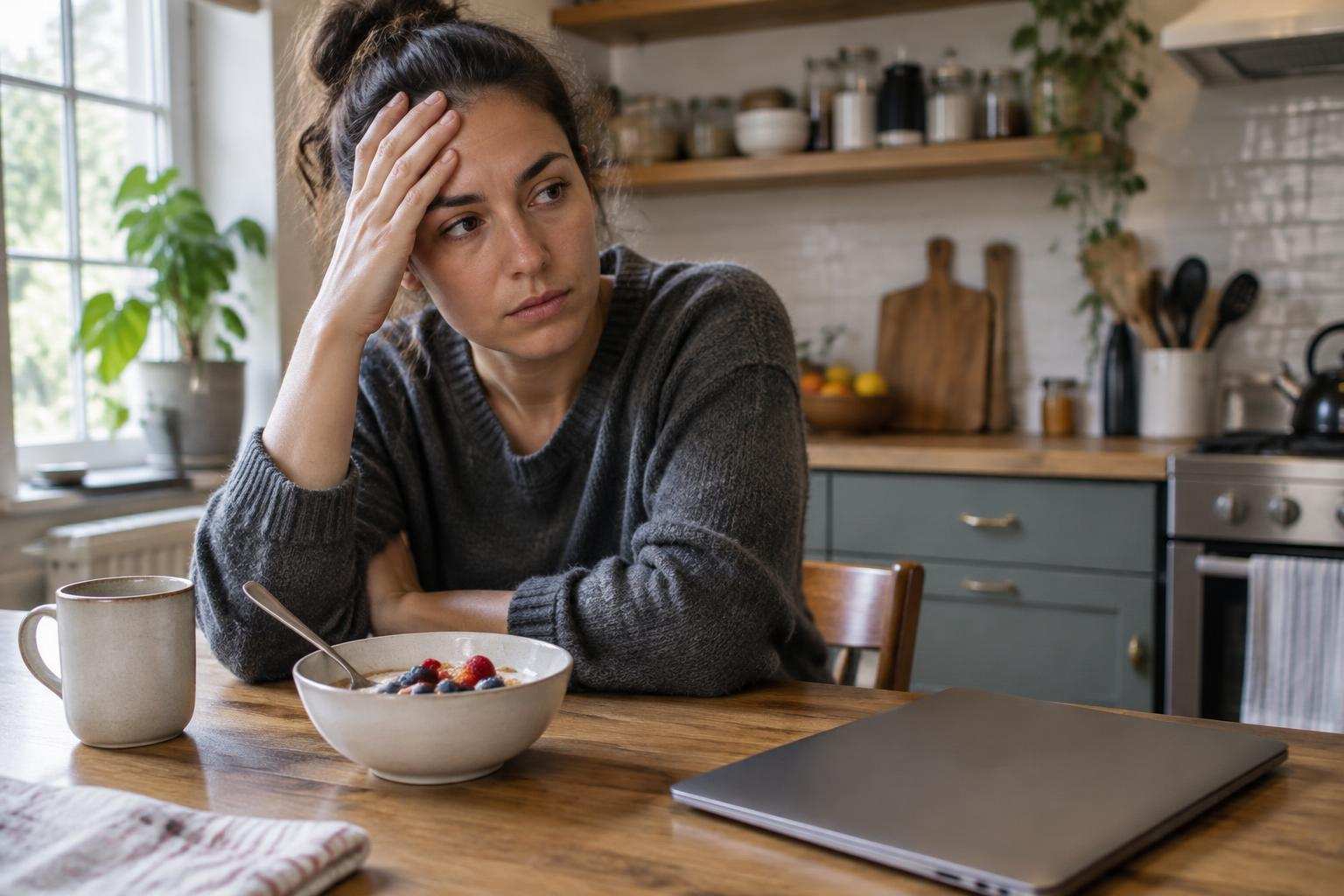 A tense-looking adult at a kitchen table beside an untouched breakfast and closed laptop.