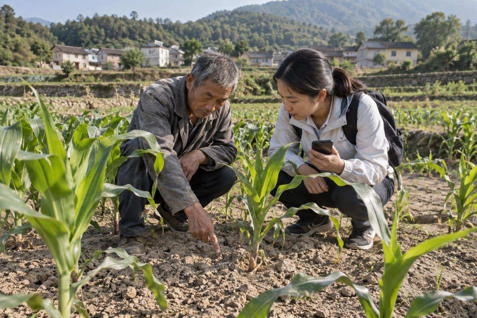 零散的小块农田里，农户指着玉米根部的干土，与手持手机的农业调查员查看长势。