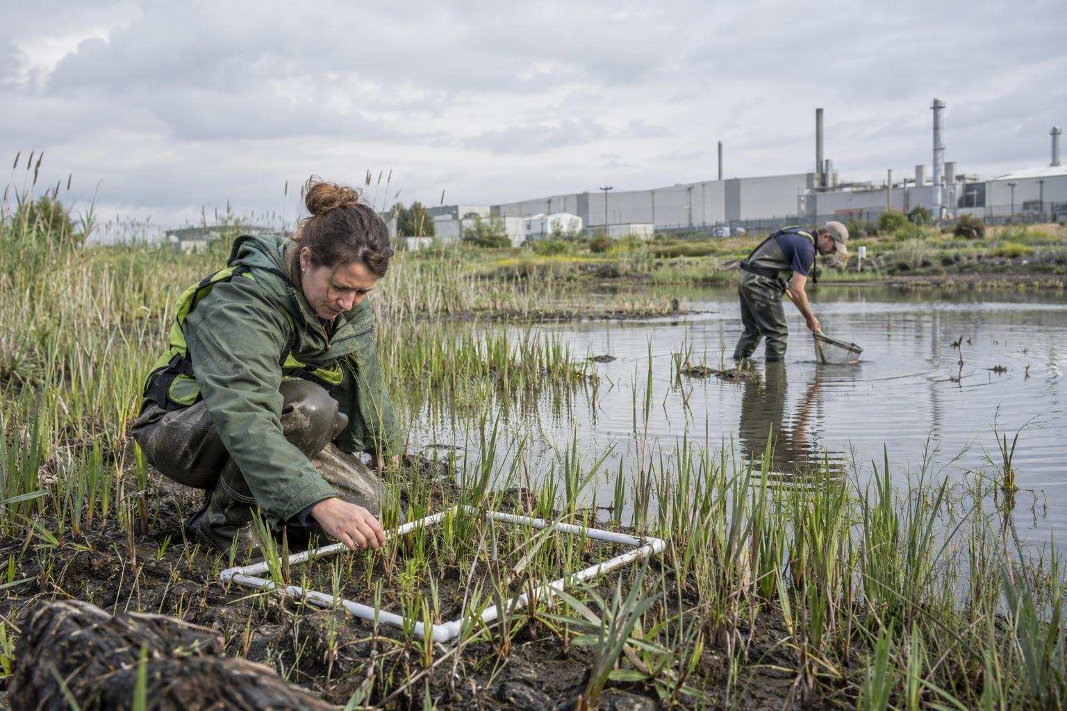 Ecologists survey plants and wildlife in a restored wetland beside factory buildings.