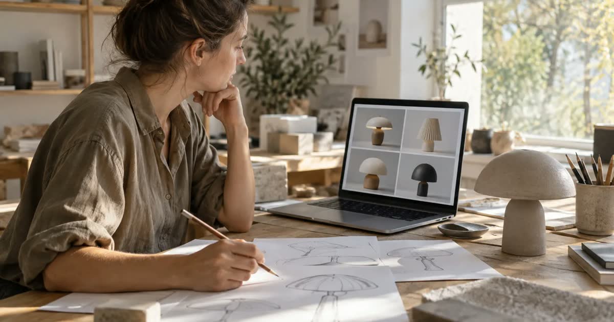 Designer comparing lamp sketches and a clay prototype with design variations on a laptop.