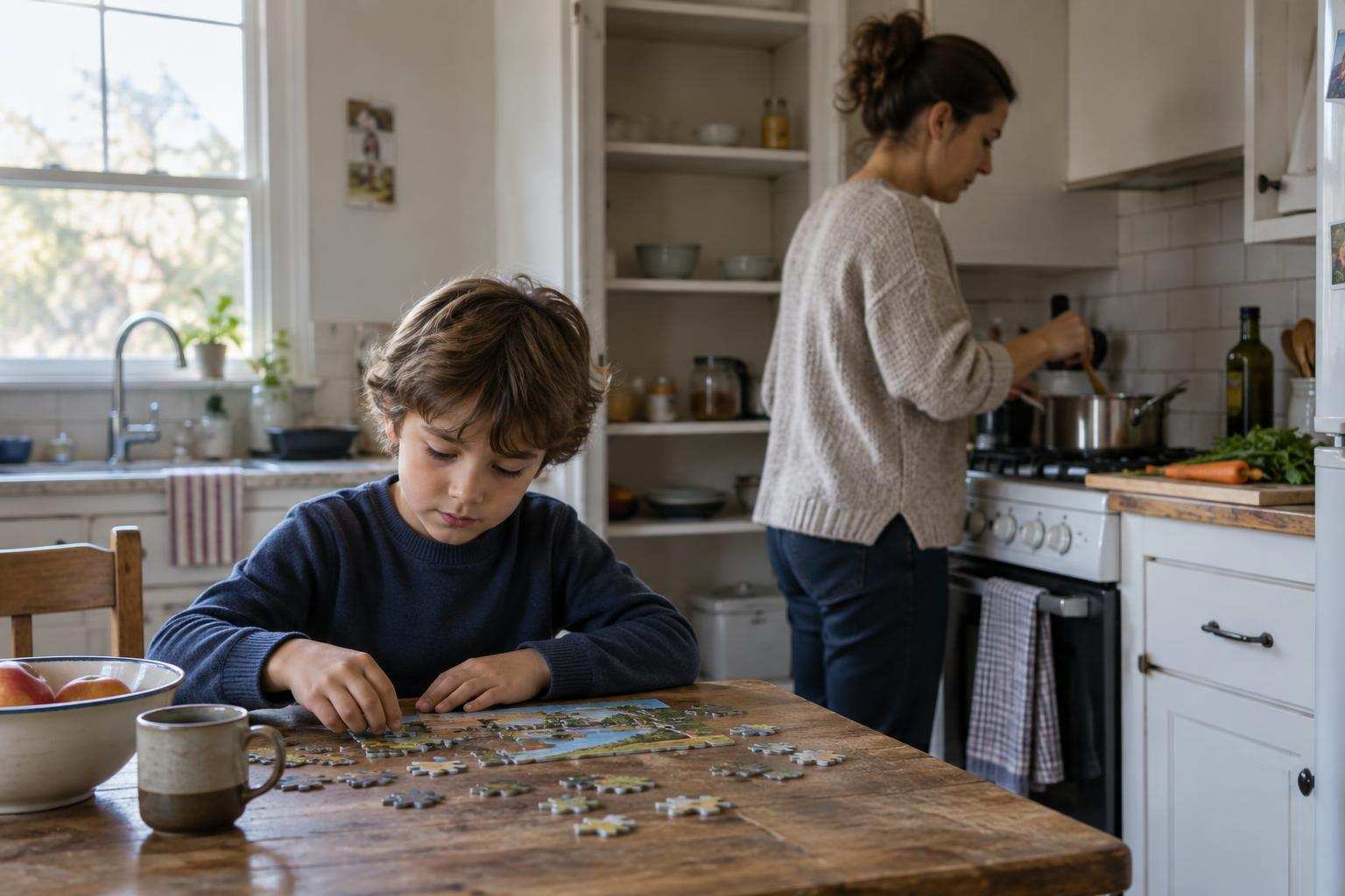 Child working on a puzzle as a parent prepares food beside a nearly empty kitchen cupboard.