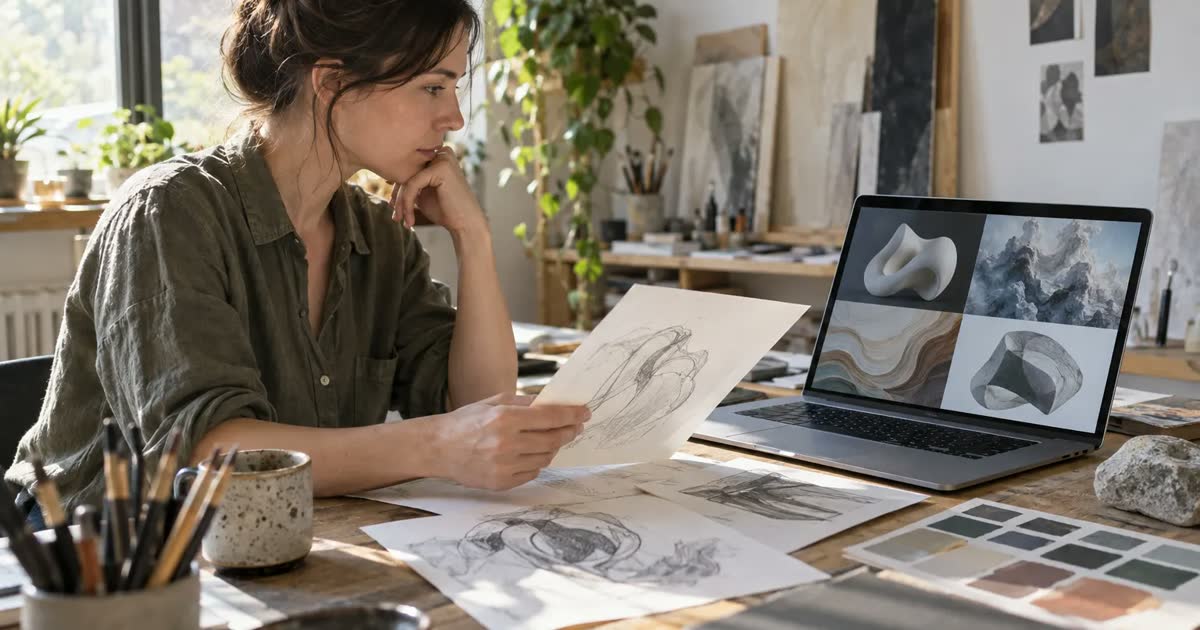 Designer comparing paper sketches with visual concepts on a laptop in a sunlit studio.