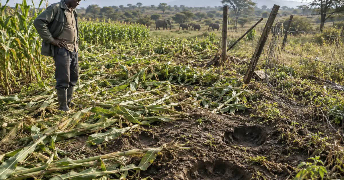 A farmer examines elephant-damaged maize beside a broken fence, with elephants in the distance.