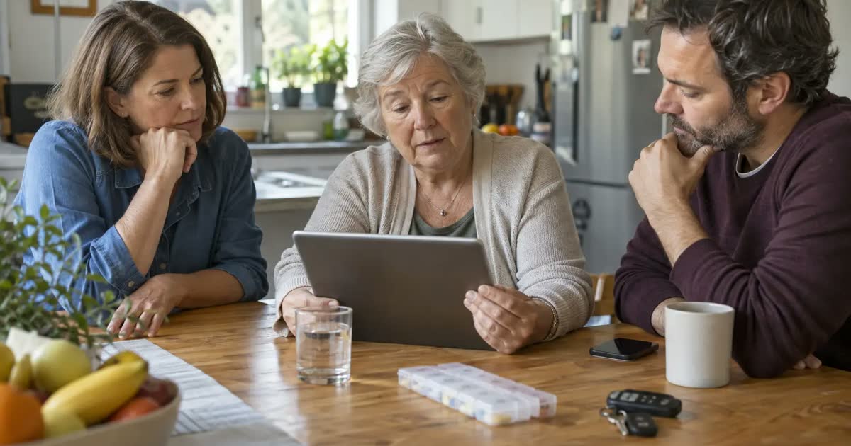 An older woman shares a tablet with two relatives while discussing care at a kitchen table.
