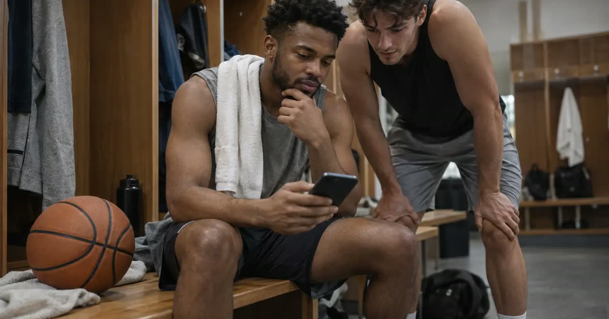 Basketball player and teammate looking at a smartphone on a locker-room bench.