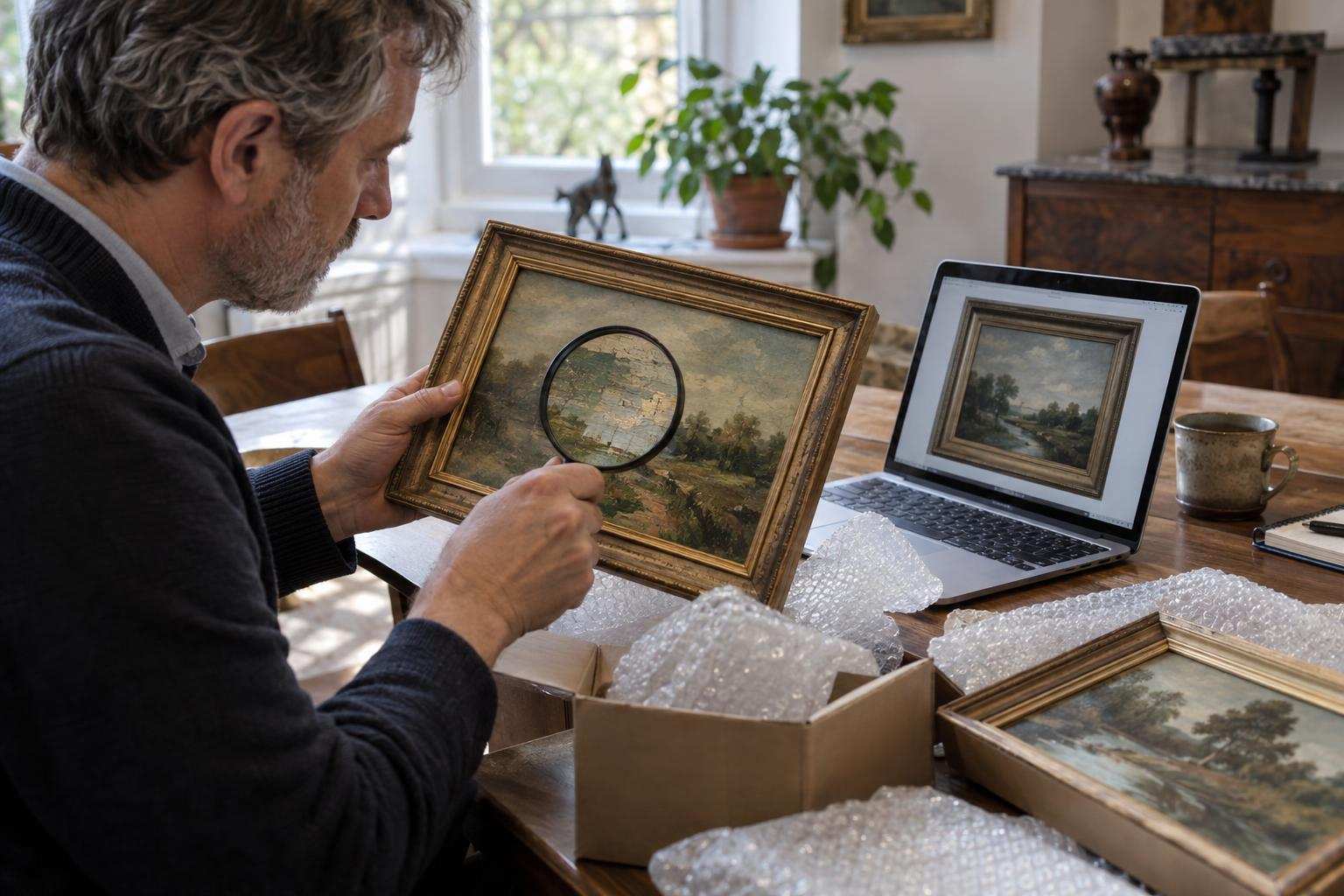 Collector examines retouched areas of a painting beside a laptop showing the artwork.