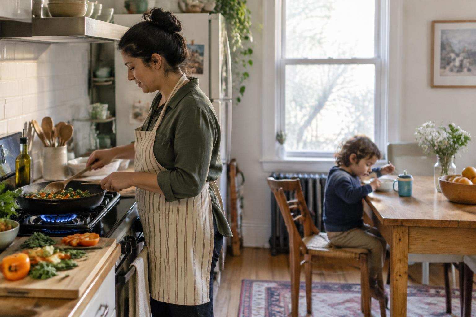 A parent cooks on a gas stove while a young child sits at the kitchen table.