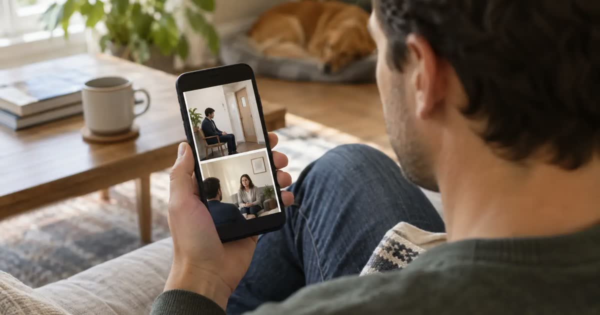 An adult at home views a wordless story about seeking counseling on a smartphone.