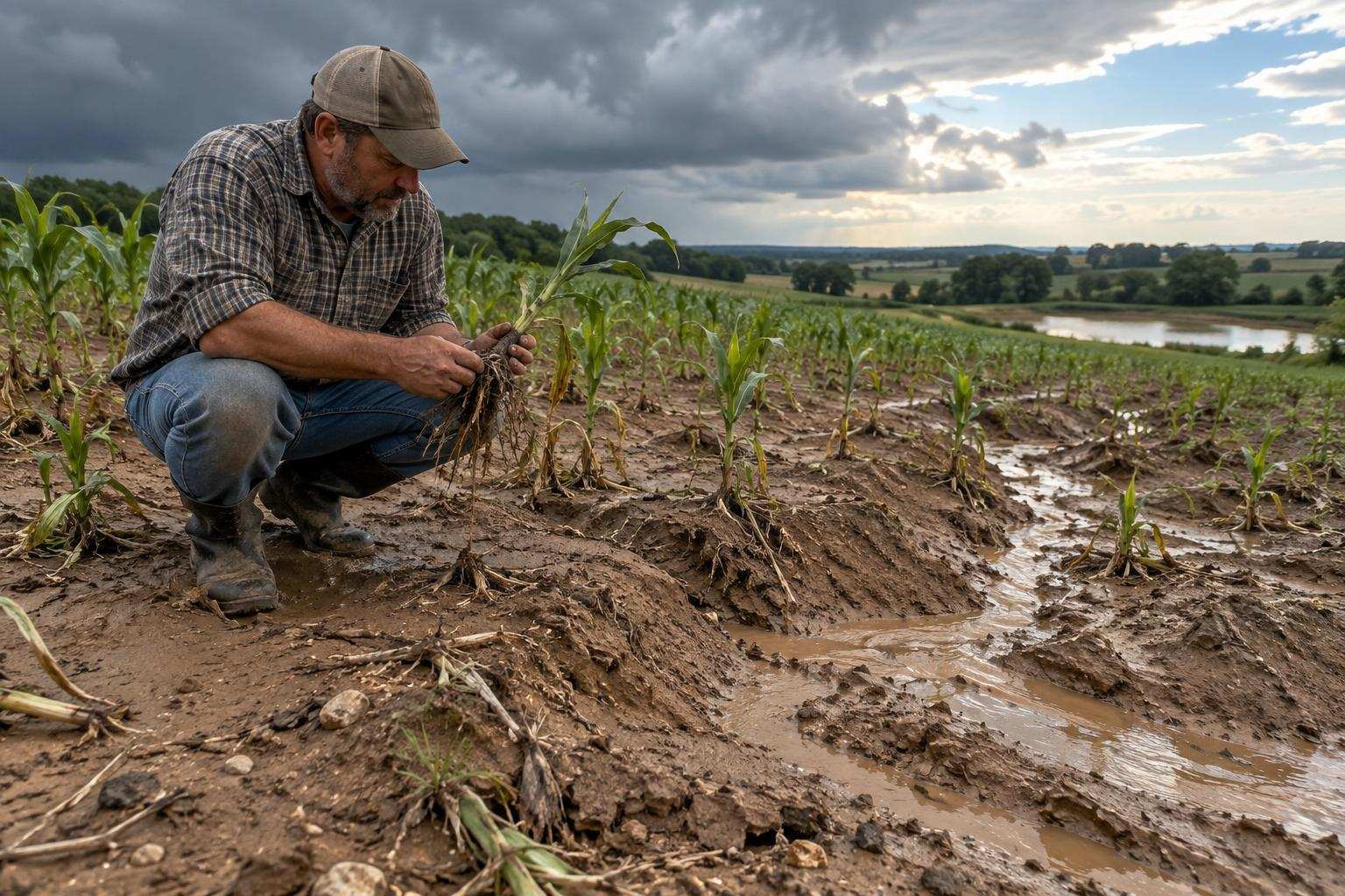A farmer examines exposed corn roots in an eroded field after heavy rain.