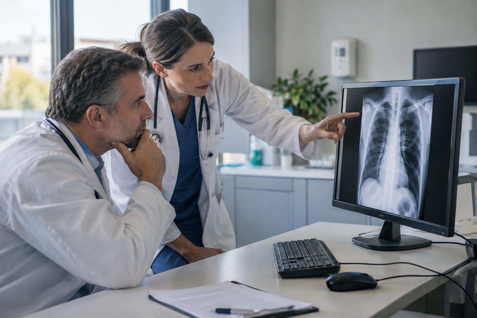 Two doctors thoughtfully review a chest X-ray on a hospital computer.