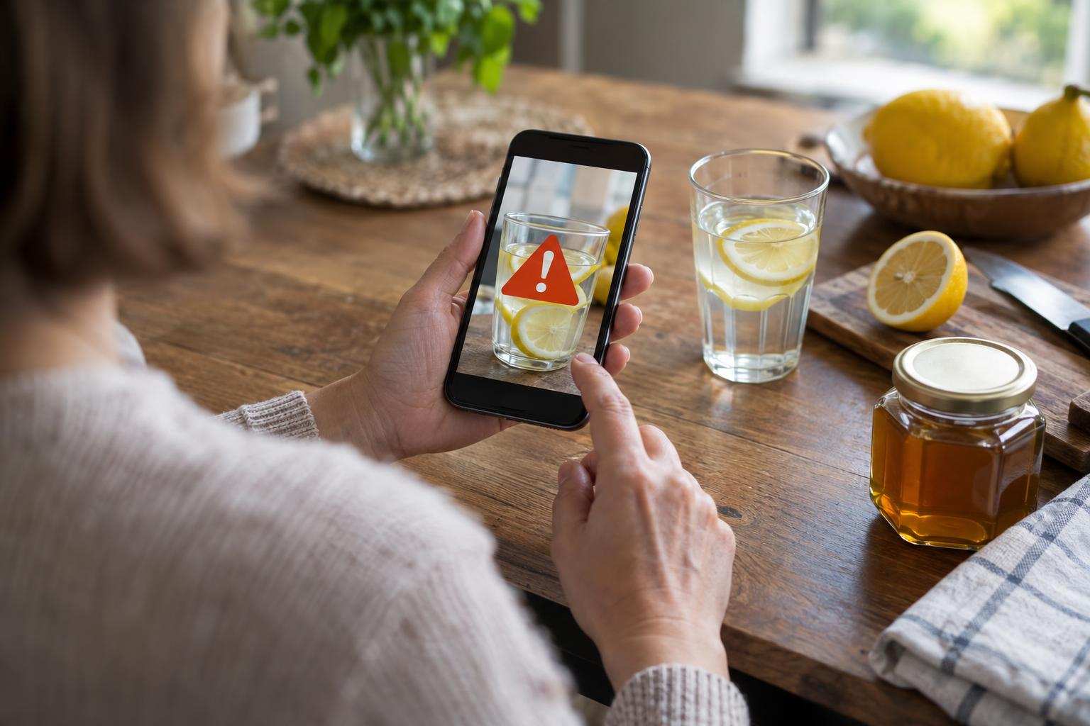 A person pauses over a phone showing a warning icon on a photo of a homemade lemon drink.