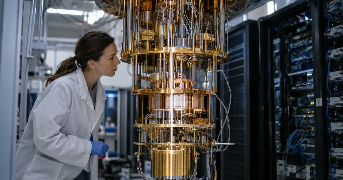 A researcher inspects quantum computing equipment beside conventional server racks.