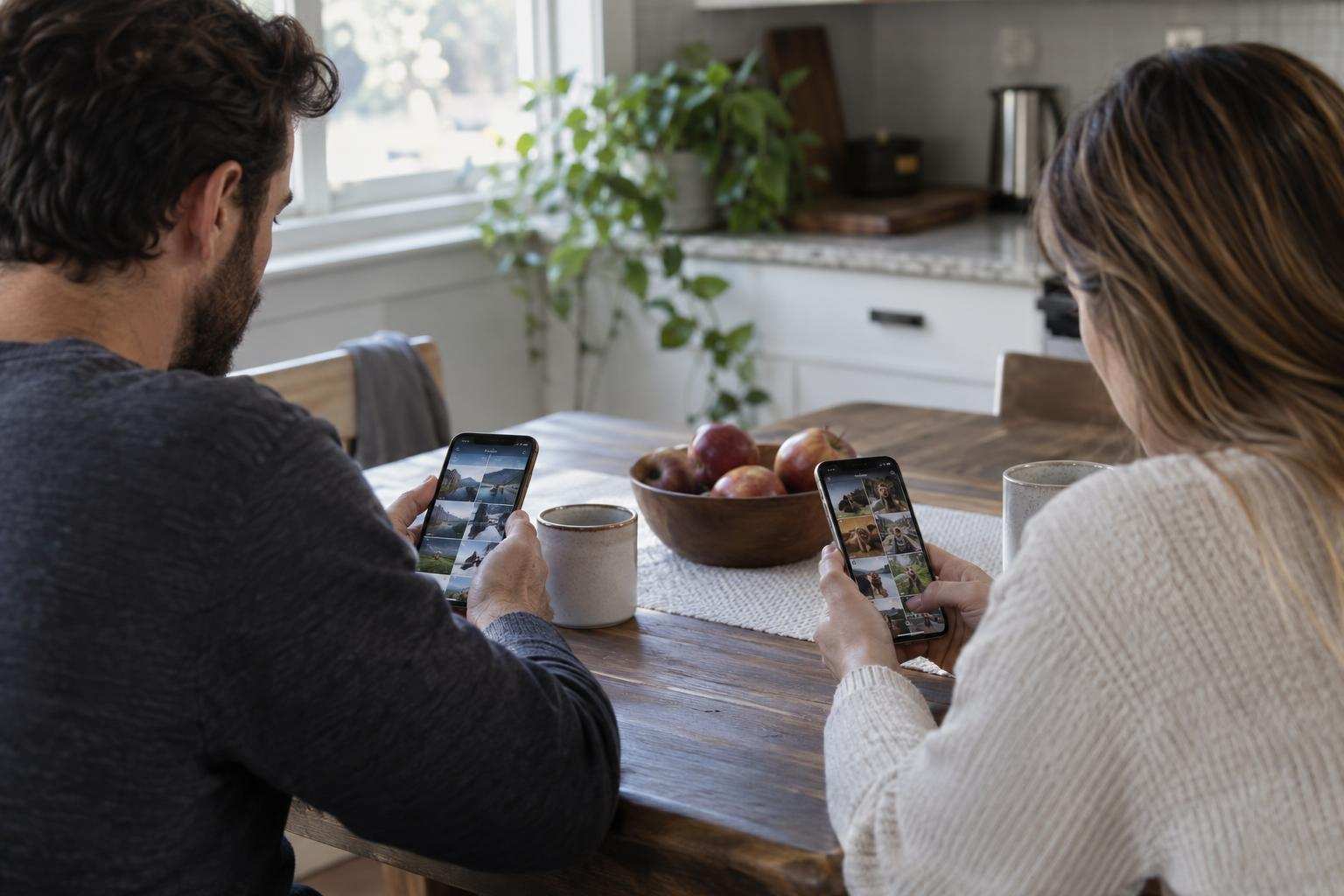 Two adults across a kitchen table browse different photo feeds on their phones.