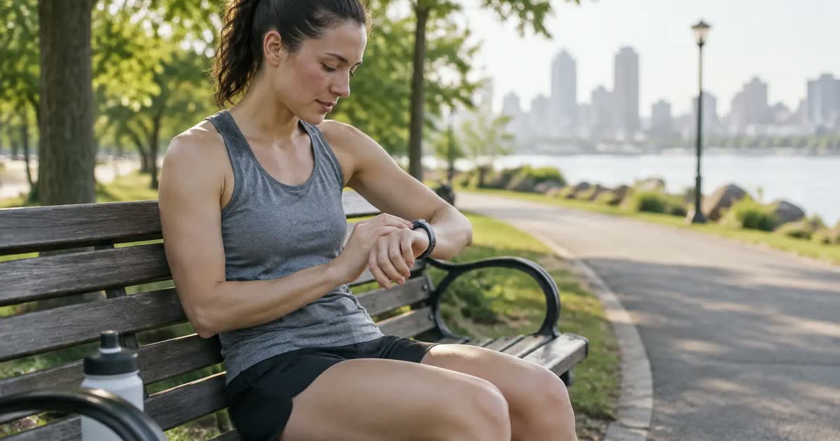 Runner resting on a park bench after a run and checking a smartwatch.