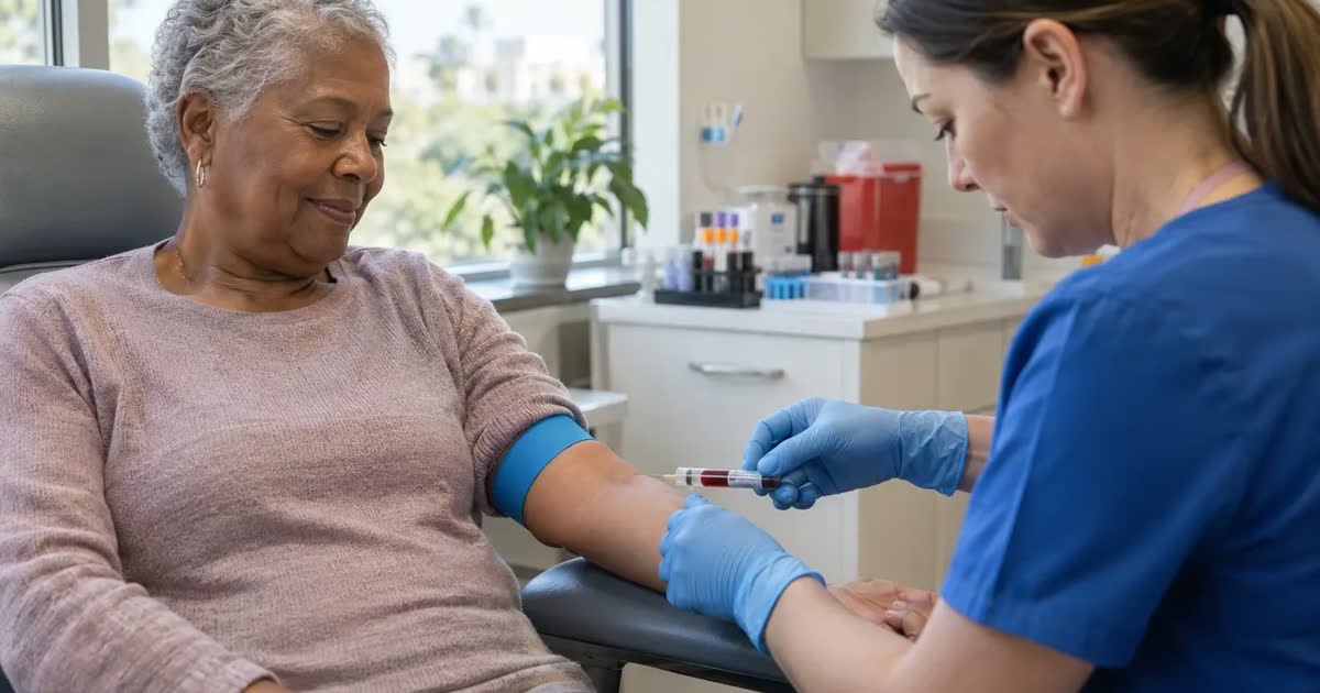 An older adult having a blood sample collected during a clinical research visit.