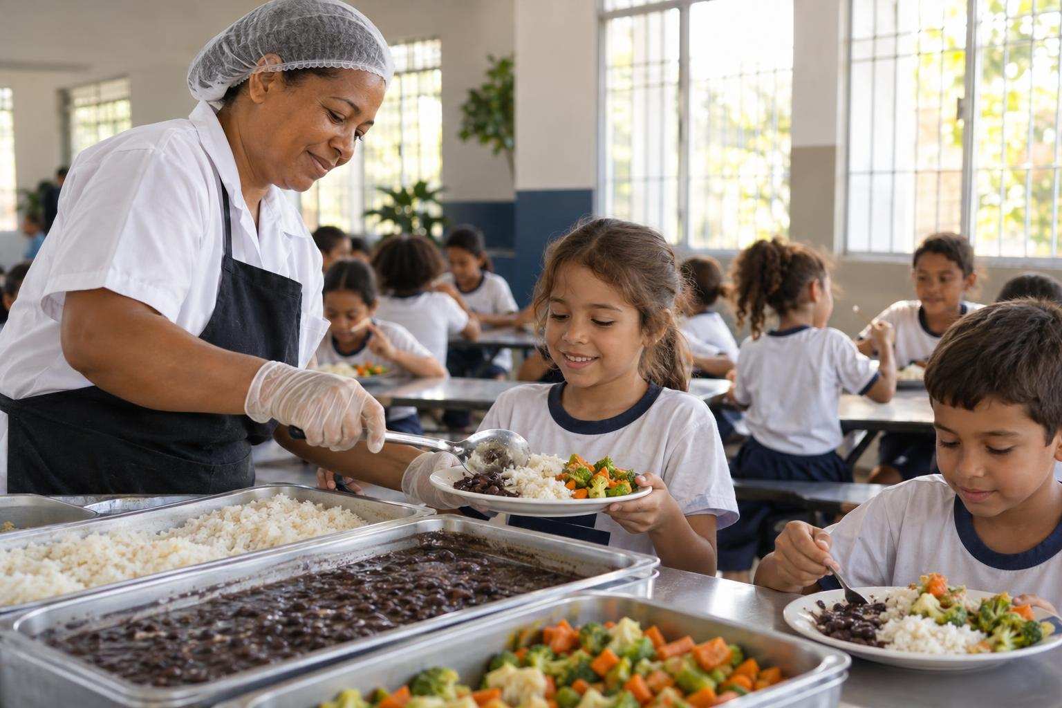 Children eat lunch together as a cafeteria worker serves a child rice, vegetables and beans.