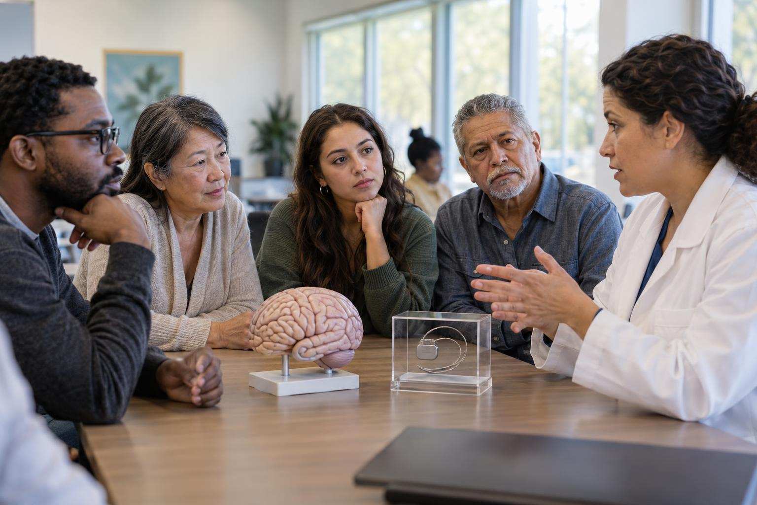 Adults discuss brain implants with a clinician around a table displaying a brain model and an electrode device.