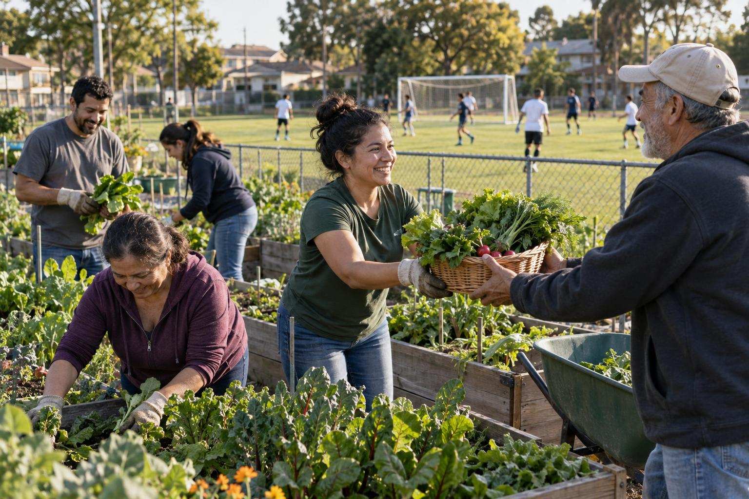 Vecinos cosechan y comparten verduras en un huerto junto a la cancha de un club deportivo.