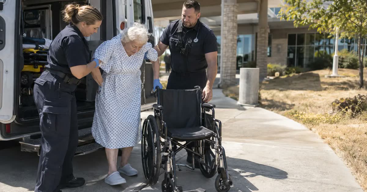 A paramedic helps an older adult into a wheelchair outside a hospital on a hot summer day.