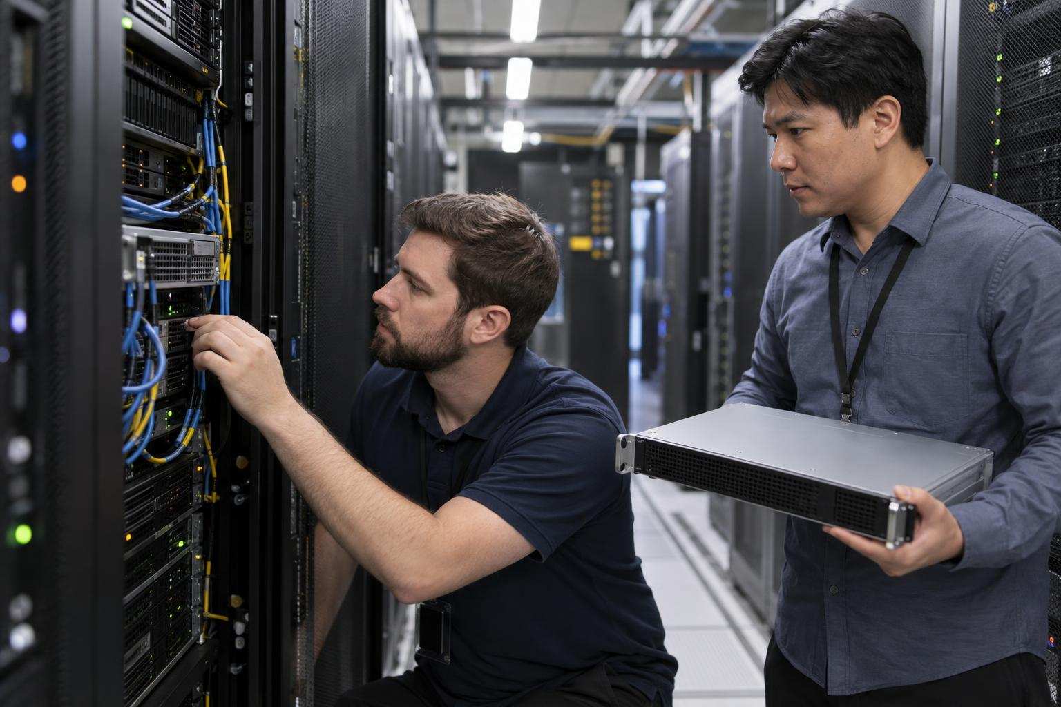Two technicians inspect security hardware in a bank’s server room.