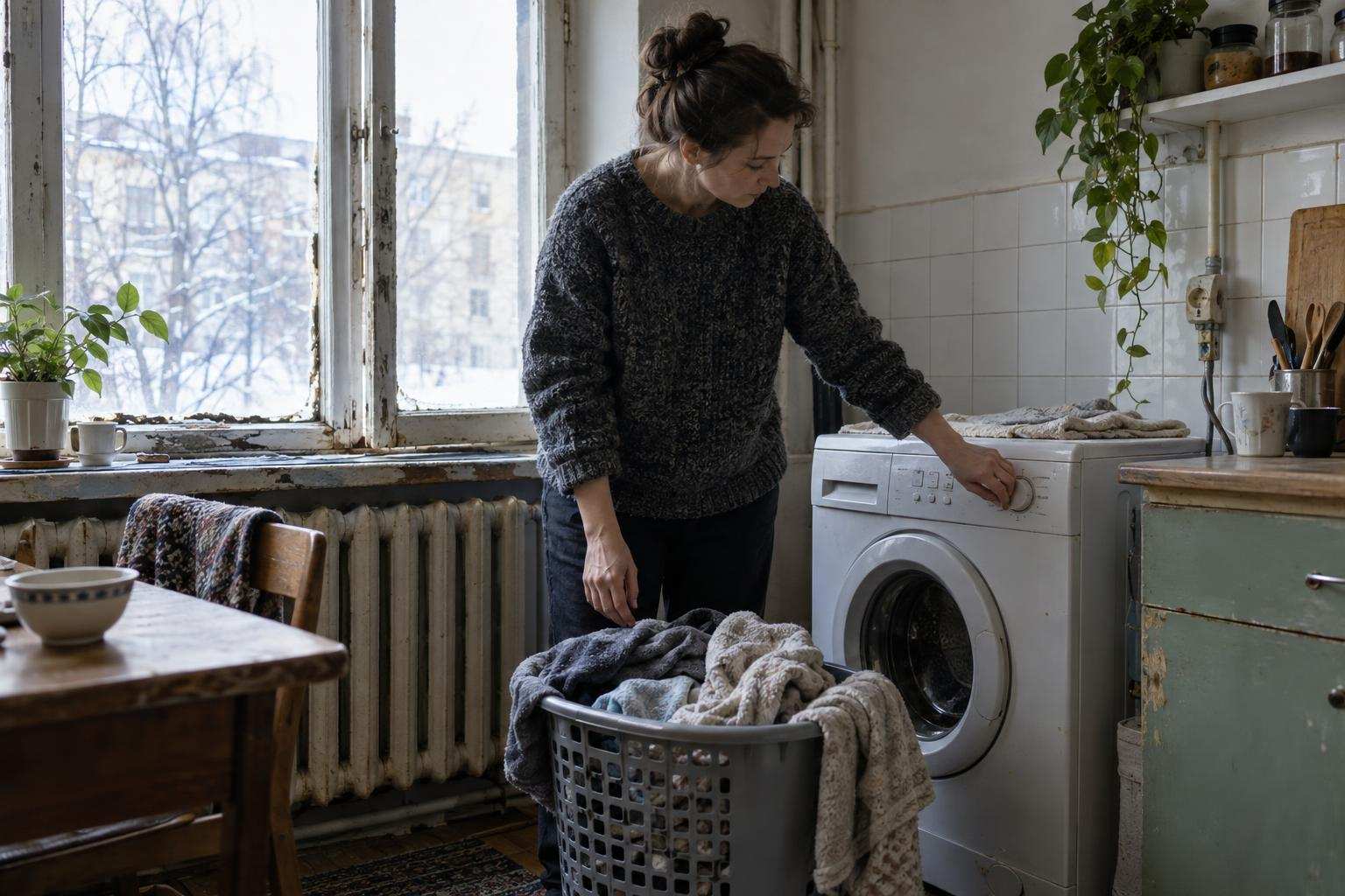 An adult beside an older washing machine in a modest kitchen with a radiator and worn window seals.