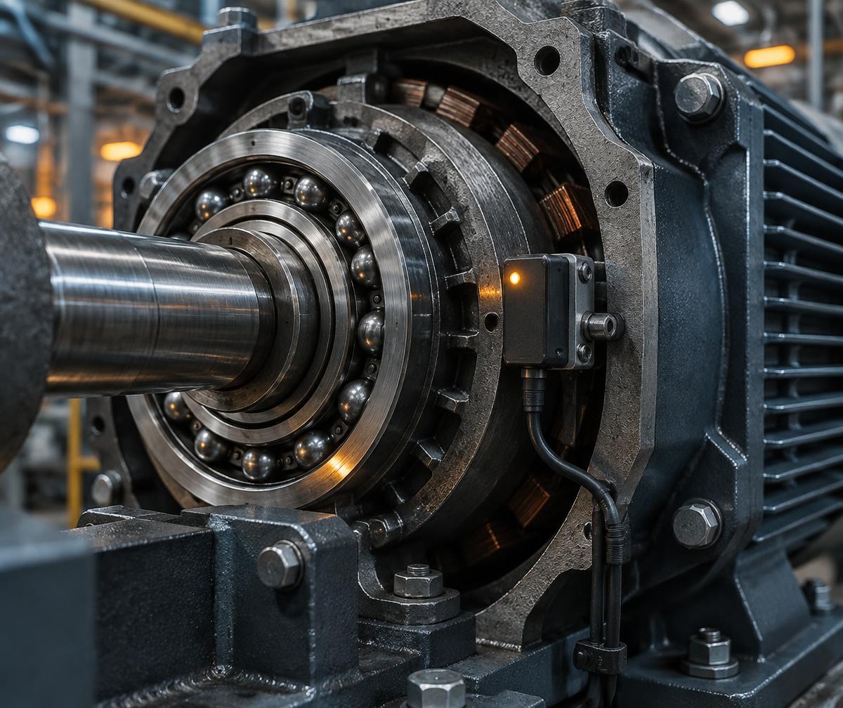 A sensor mounted beside an exposed steel bearing in a factory motor